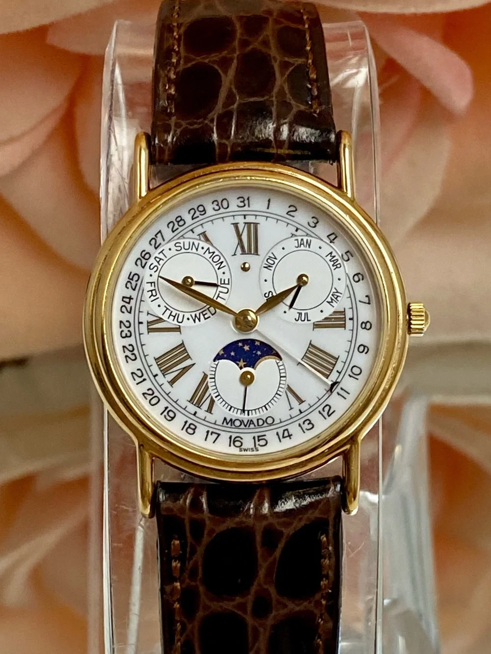 Vintage Movado Swiss Made Triple Date Moon Phase Ladies Dress Watch